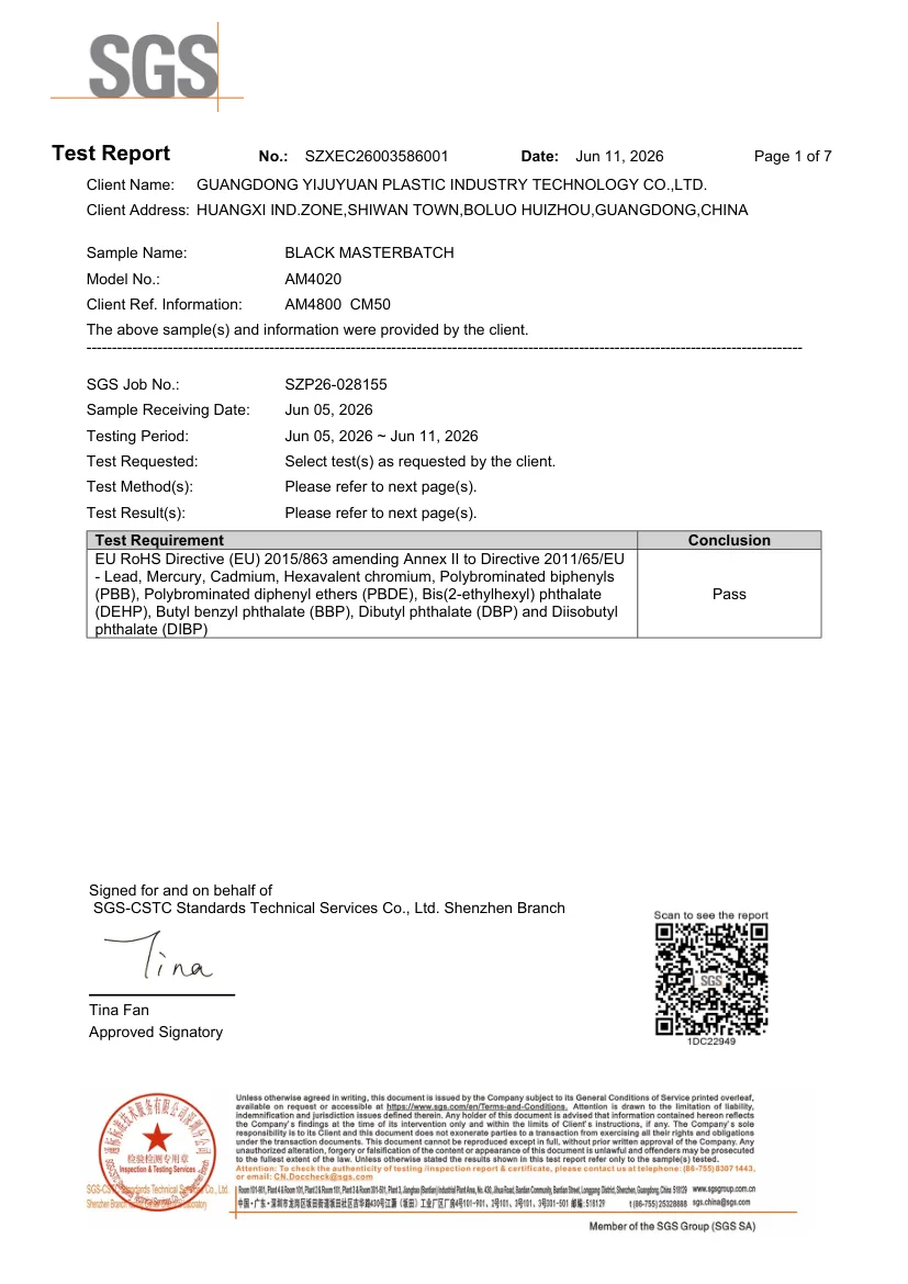 SGS ROHS test report for black masterbatch grade AM4020, report SZXEC26003586001